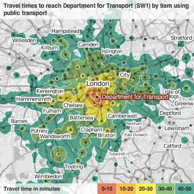 mySociety travel time map for SW1P 4DR